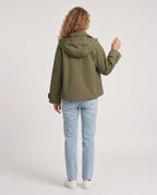 Women's cropped hooded trench jacket with buttons and angled pockets