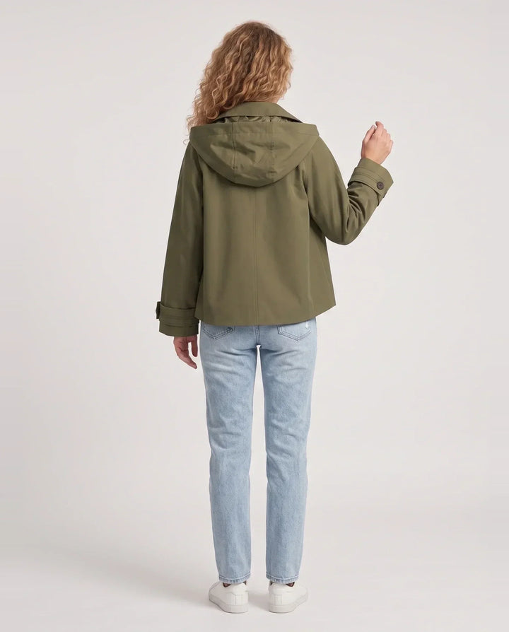 Women's cropped hooded trench jacket with buttons and angled pockets