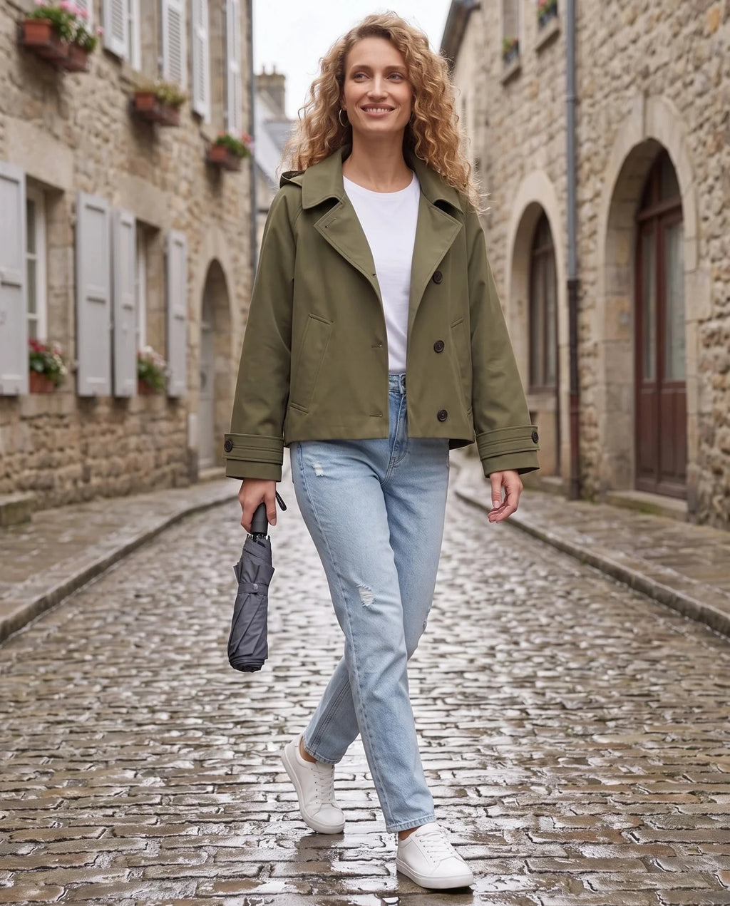 Women's cropped hooded trench jacket with buttons and angled pockets