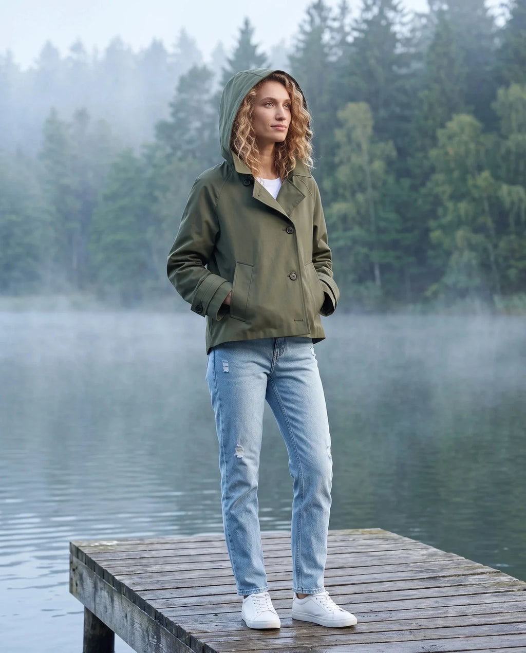 Women's cropped hooded trench jacket with buttons and angled pockets