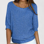 Women's textured knit pullover with round neckline and three-quarter sleeves