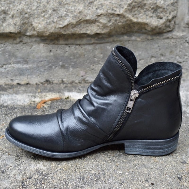 Women's ruched ankle boots with side zip and low heel