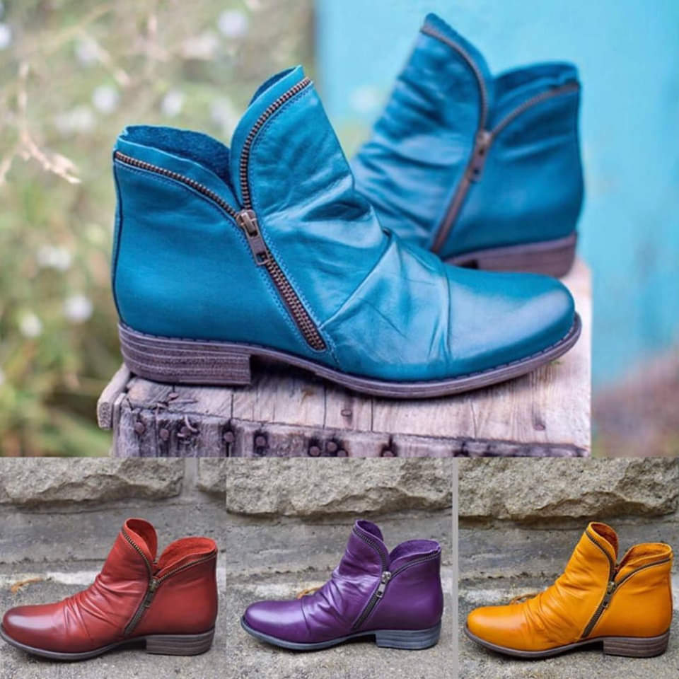 Women's ruched ankle boots with side zip and low heel