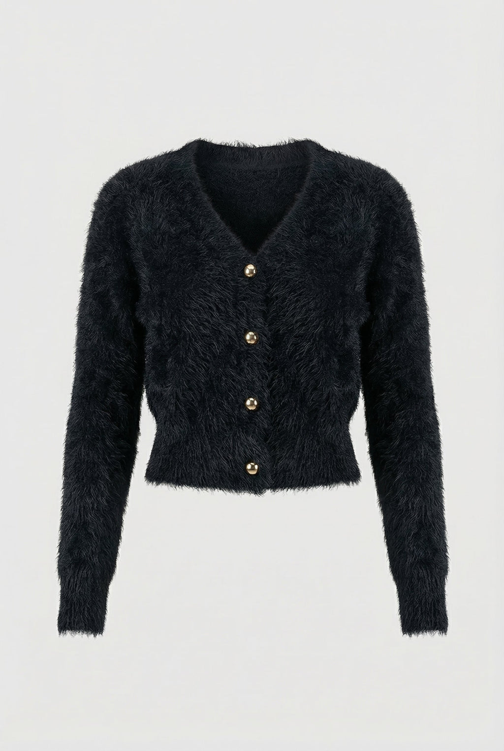 Women's black fuzzy cropped cardigan with V-neck and gold-tone buttons