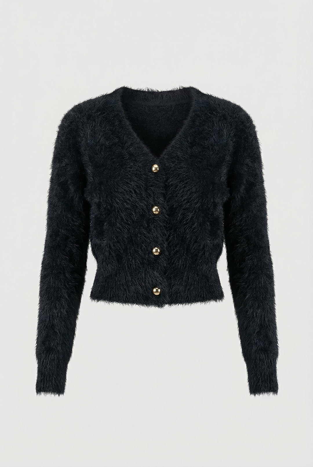 Women's black fuzzy cropped cardigan with V-neck and gold-tone buttons