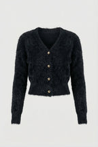 Women's black fuzzy cropped cardigan with V-neck and gold-tone buttons