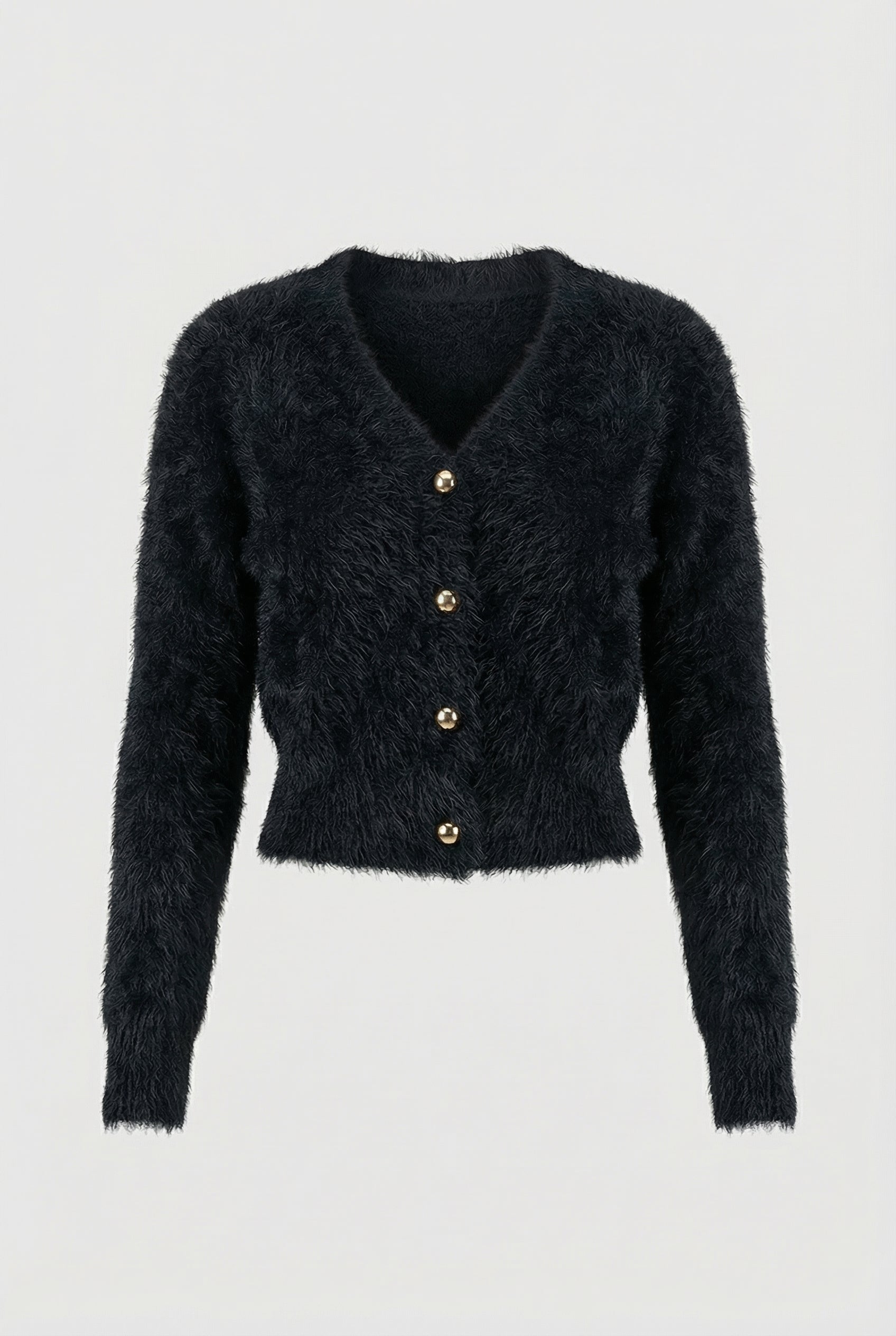 Women's black fuzzy cropped cardigan with V-neck and gold-tone buttons