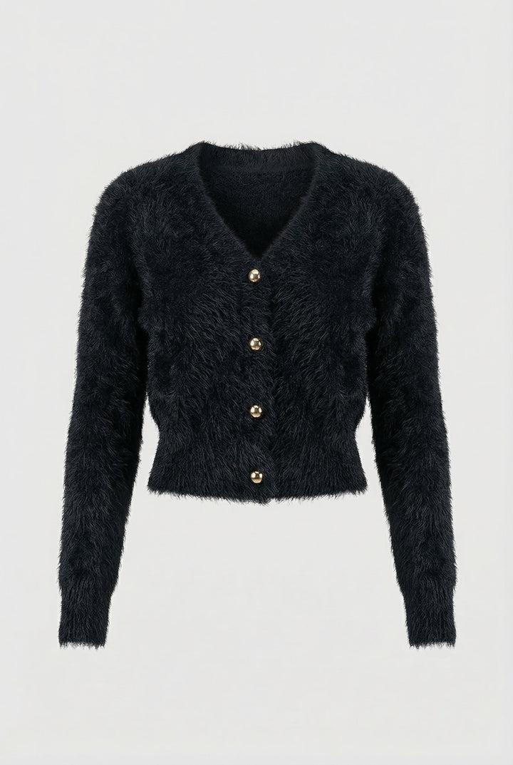 Women's black fuzzy cropped cardigan with V-neck and gold-tone buttons