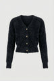 Women's black fuzzy cropped cardigan with V-neck and gold-tone buttons