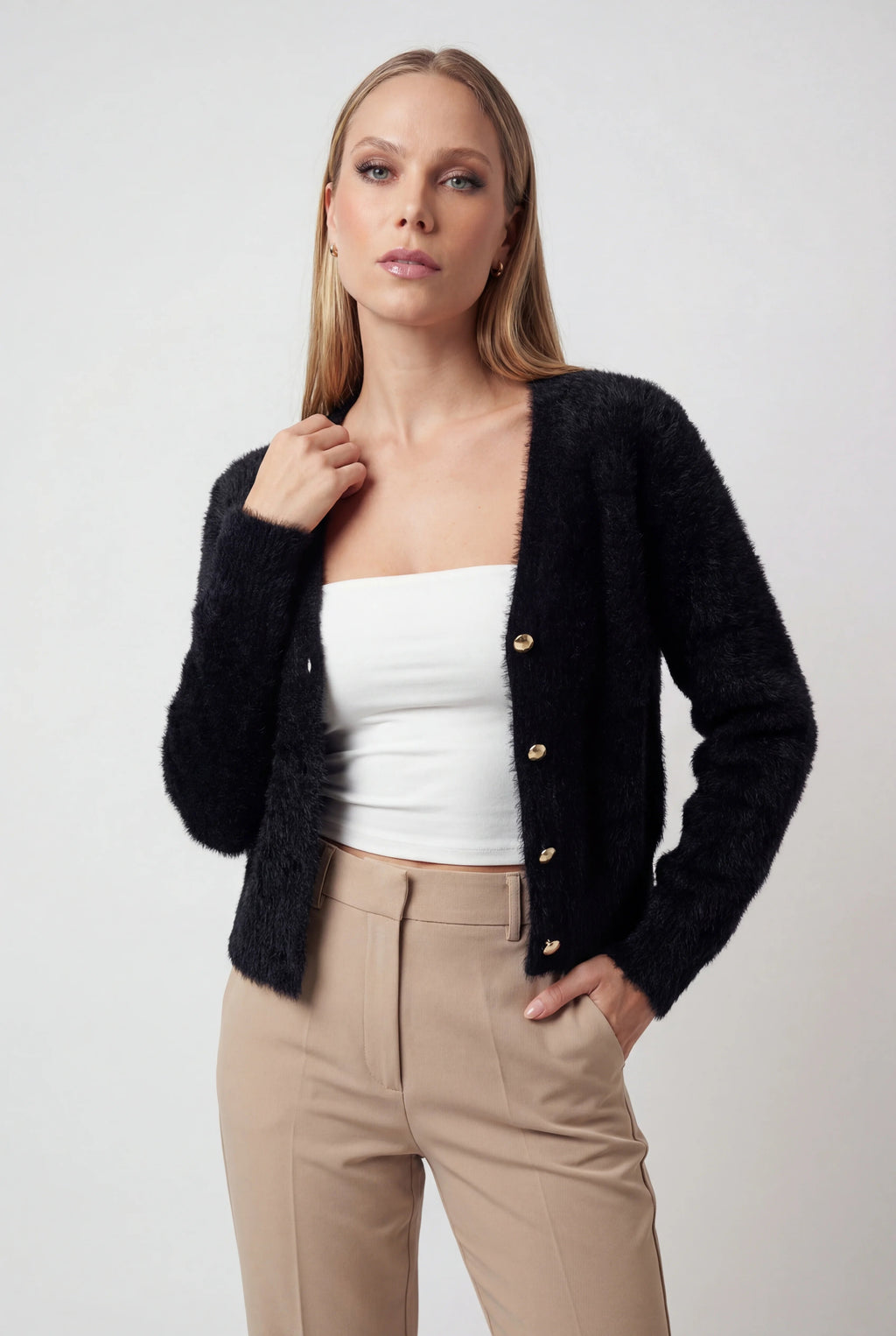 Women's black fuzzy cropped cardigan with V-neck and gold-tone buttons