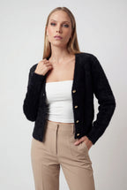 Women's black fuzzy cropped cardigan with V-neck and gold-tone buttons