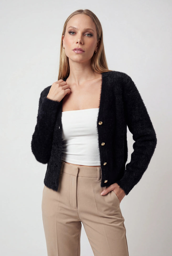 Women's black fuzzy cropped cardigan with V-neck and gold-tone buttons