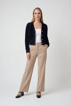 Women's black fuzzy cropped cardigan with V-neck and gold-tone buttons