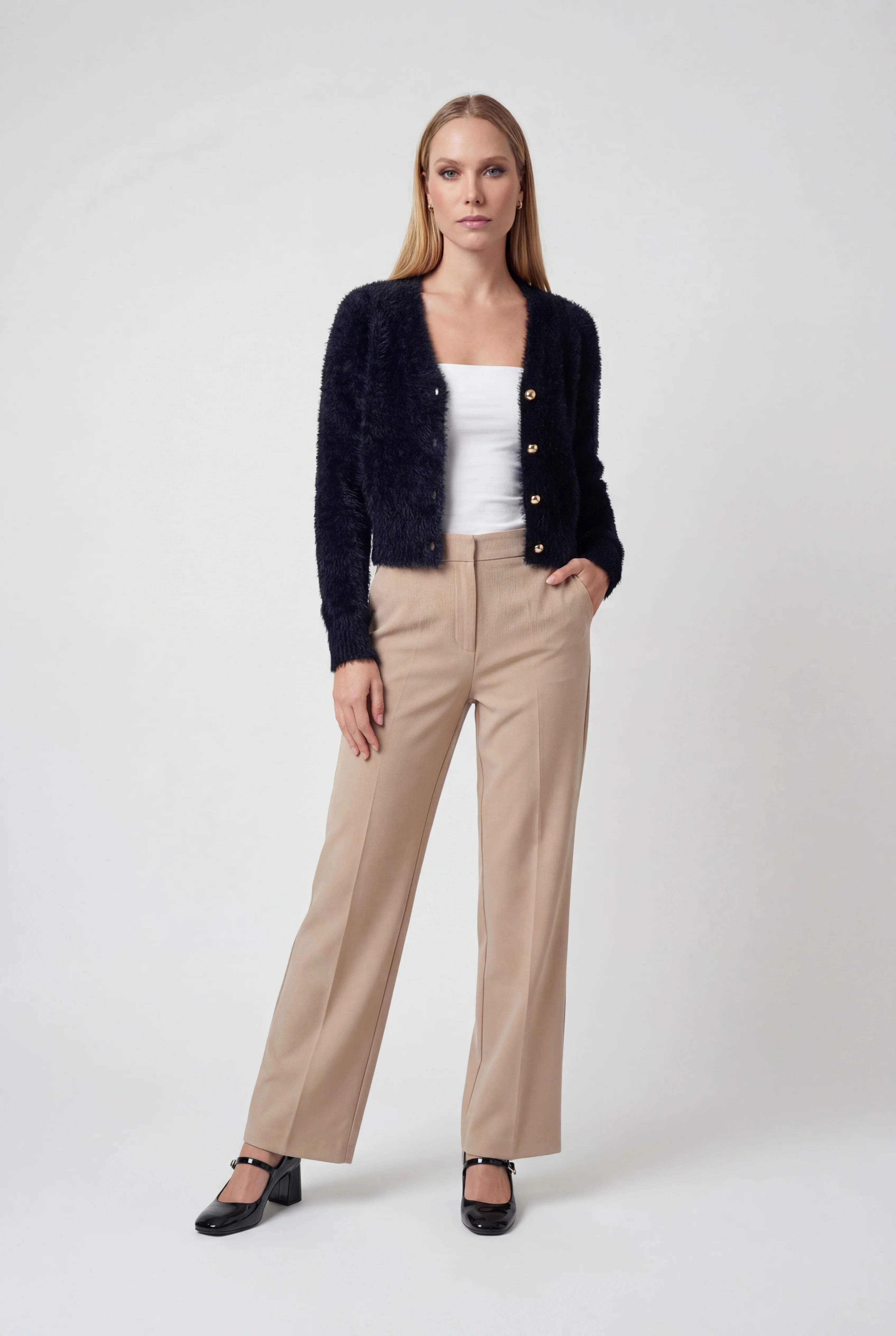 Women's black fuzzy cropped cardigan with V-neck and gold-tone buttons