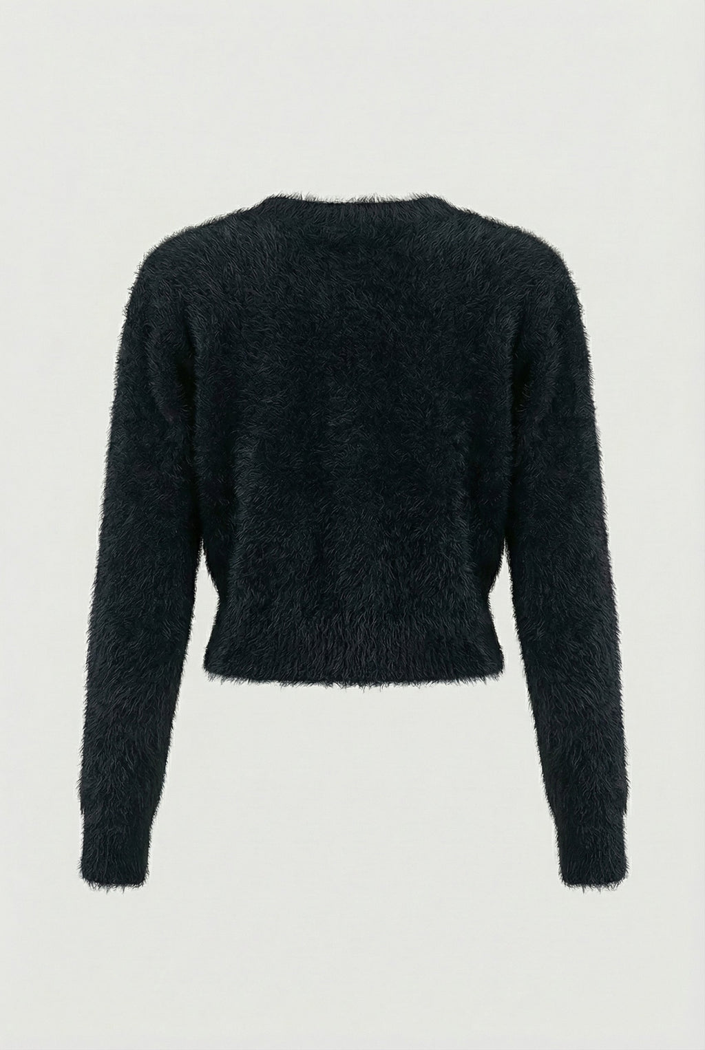 Women's black fuzzy cropped cardigan with V-neck and gold-tone buttons