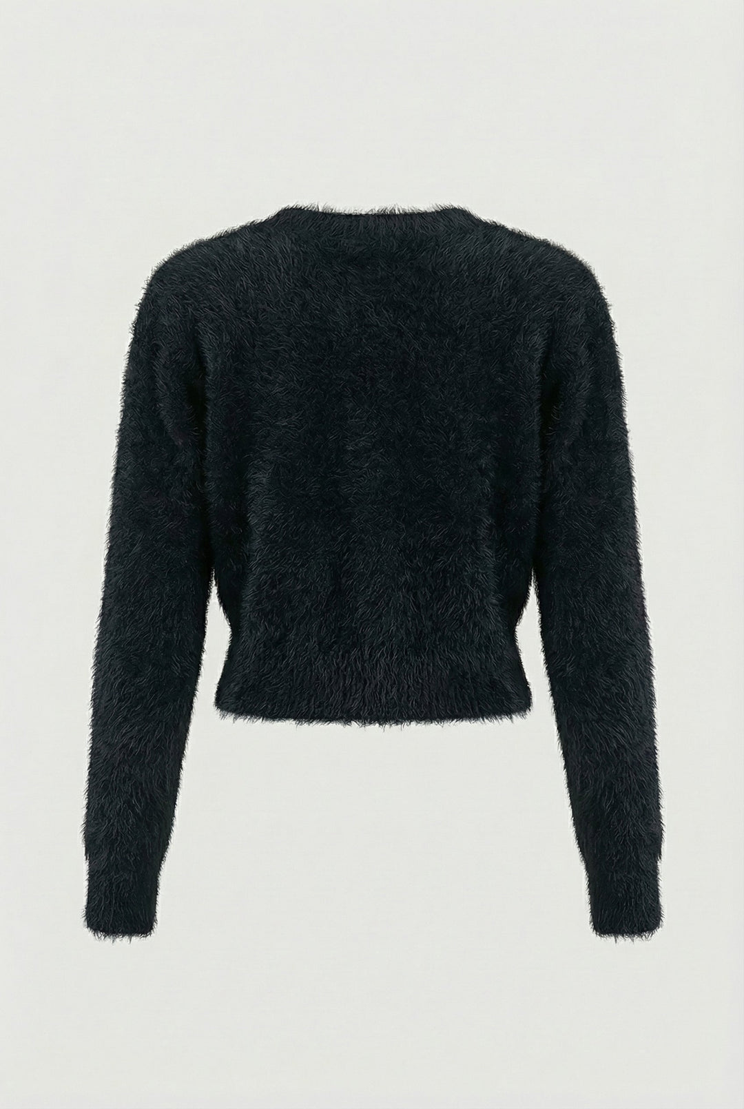 Women's black fuzzy cropped cardigan with V-neck and gold-tone buttons