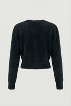 Women's black fuzzy cropped cardigan with V-neck and gold-tone buttons