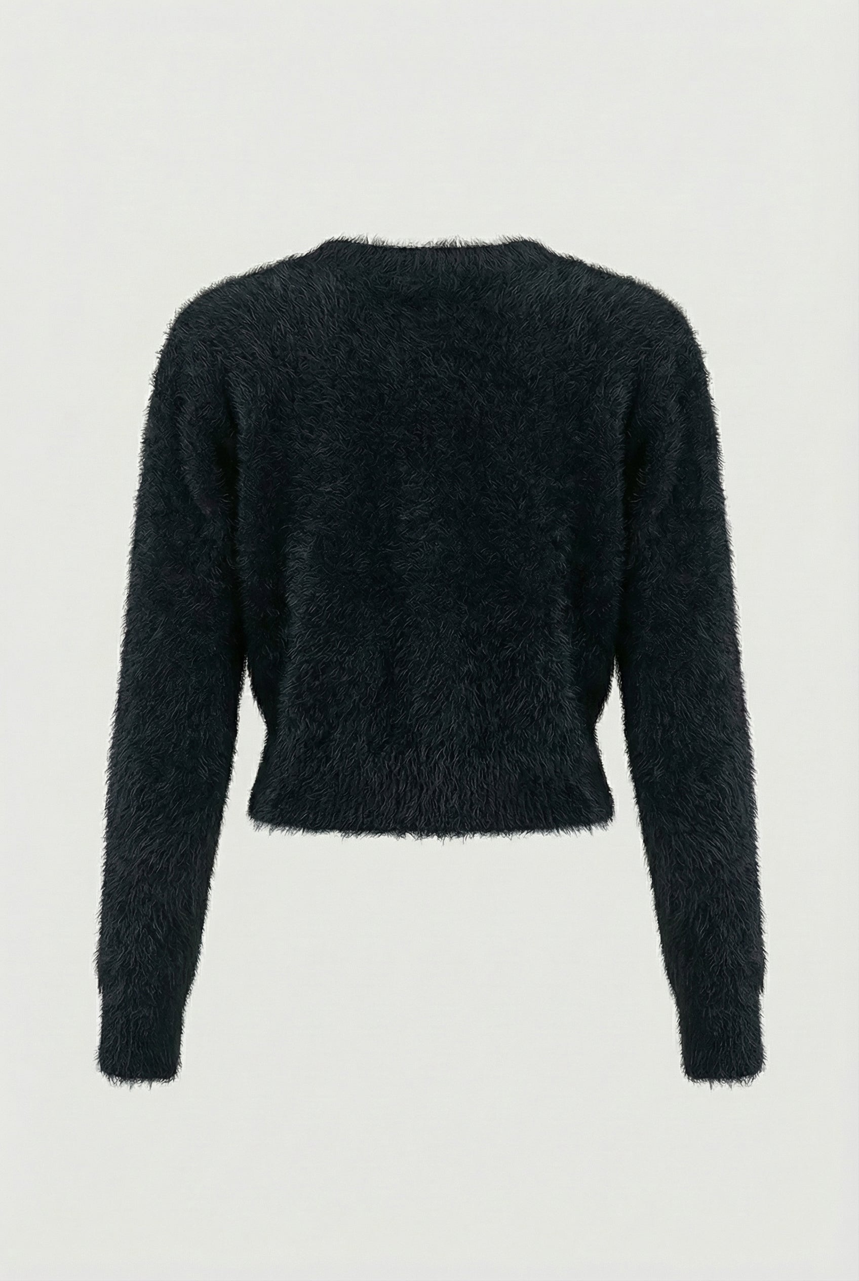 Women's black fuzzy cropped cardigan with V-neck and gold-tone buttons