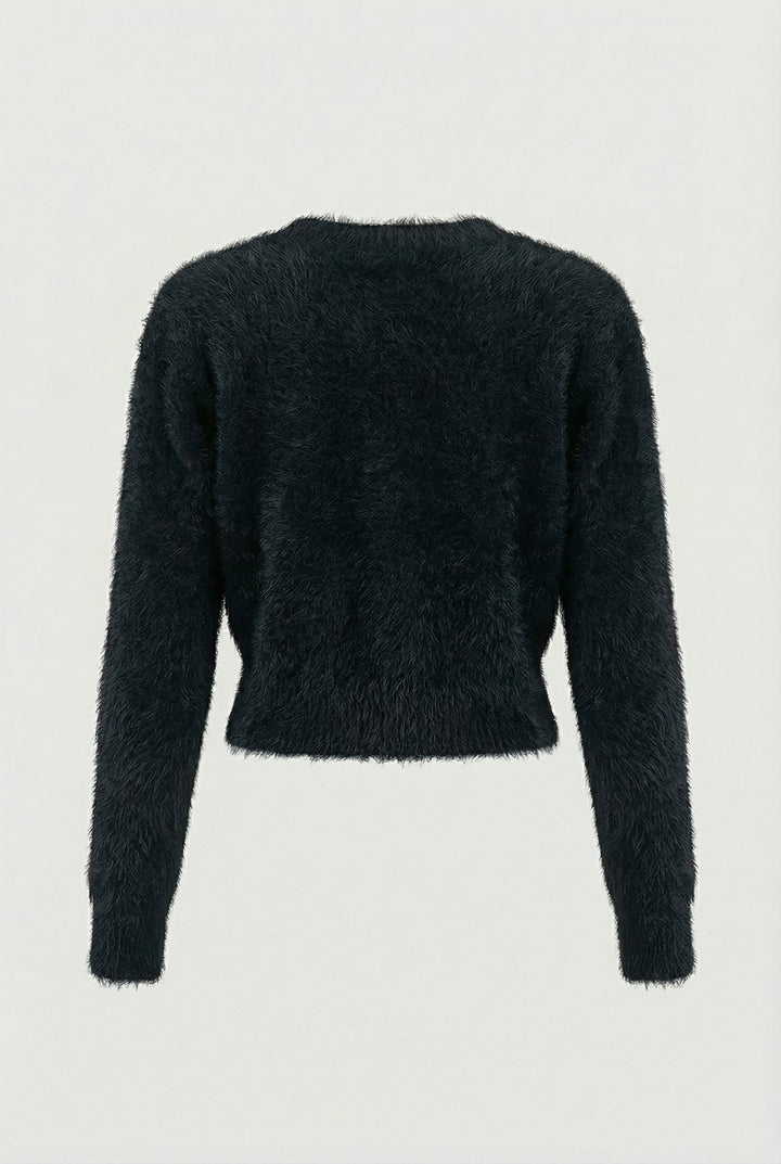 Women's black fuzzy cropped cardigan with V-neck and gold-tone buttons