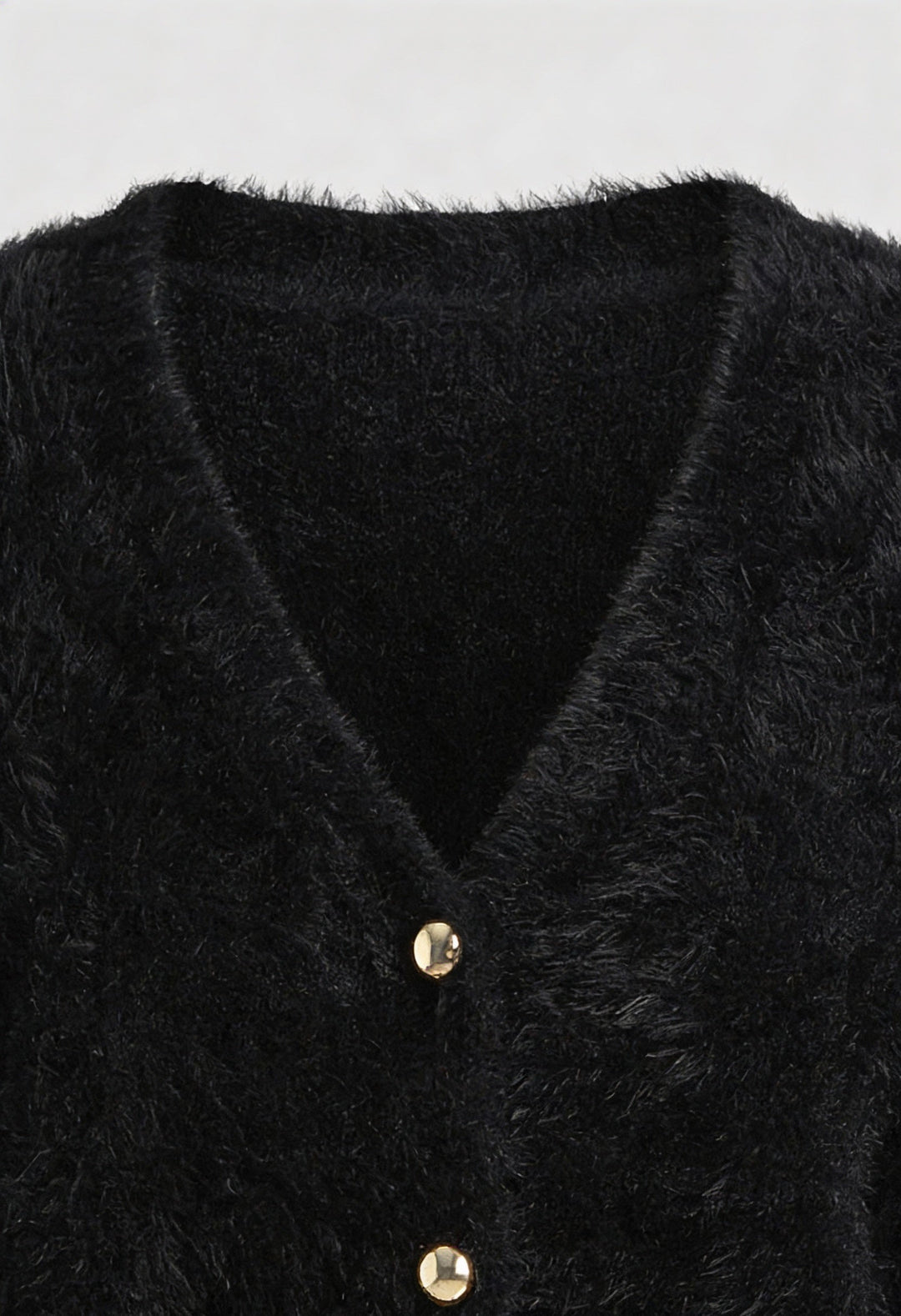 Women's black fuzzy cropped cardigan with V-neck and gold-tone buttons