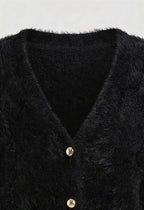 Women's black fuzzy cropped cardigan with V-neck and gold-tone buttons