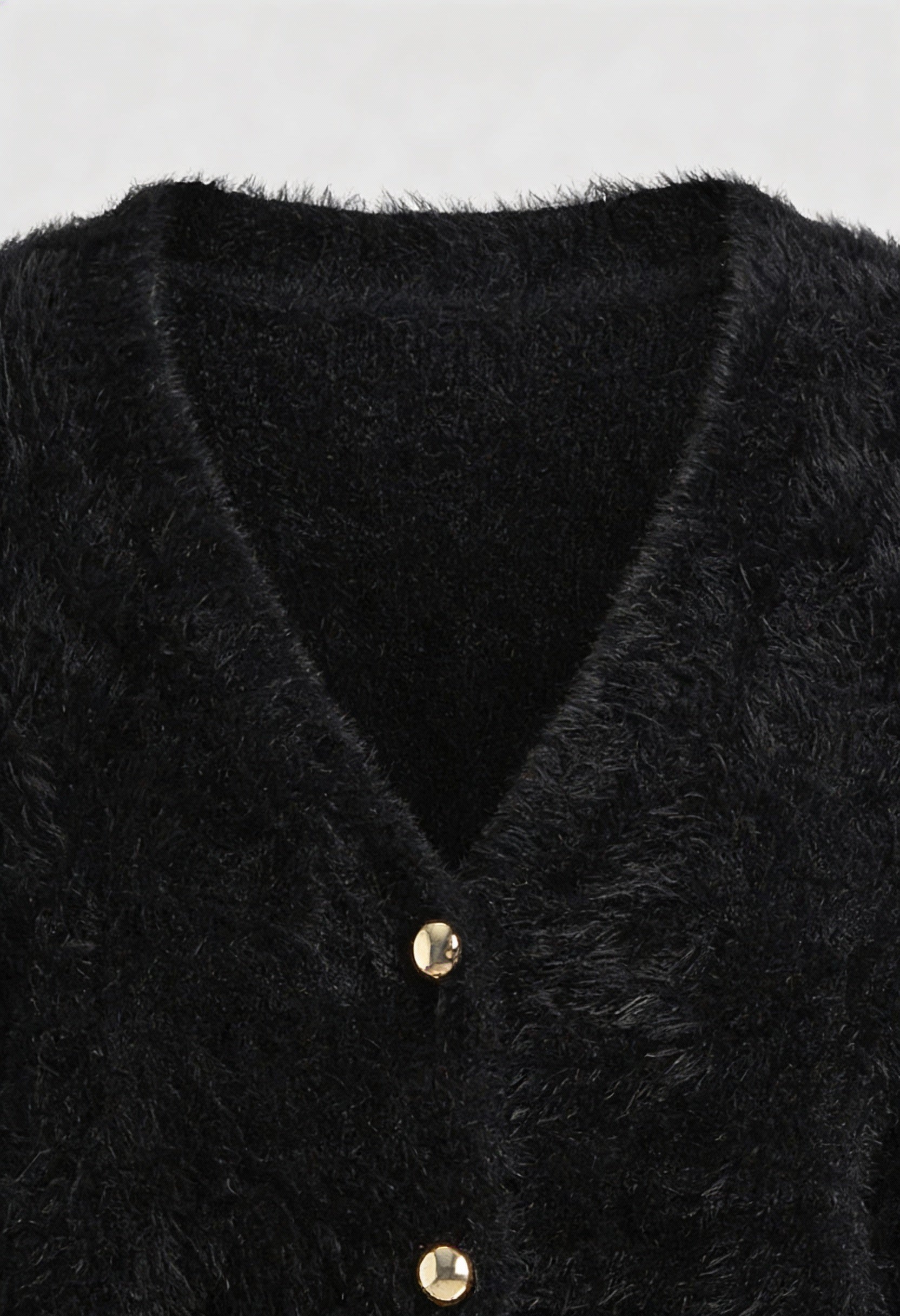 Women's black fuzzy cropped cardigan with V-neck and gold-tone buttons