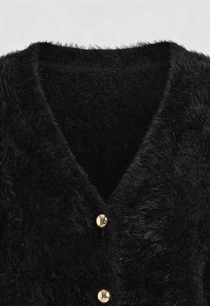 Women's black fuzzy cropped cardigan with V-neck and gold-tone buttons