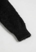 Women's black fuzzy cropped cardigan with V-neck and gold-tone buttons