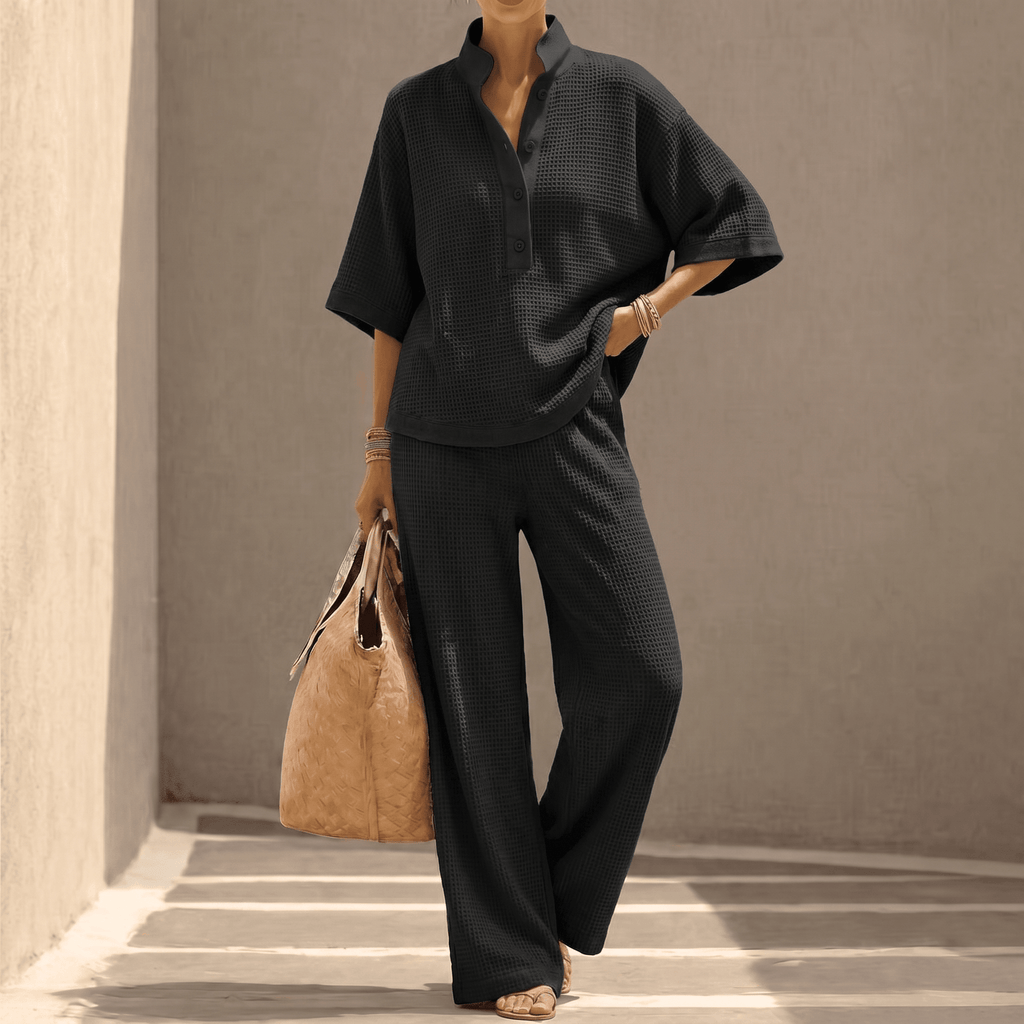 Women's waffle knit two-piece set with stand collar and wide-leg trousers
