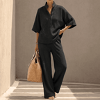 Women's waffle knit two-piece set with stand collar and wide-leg trousers