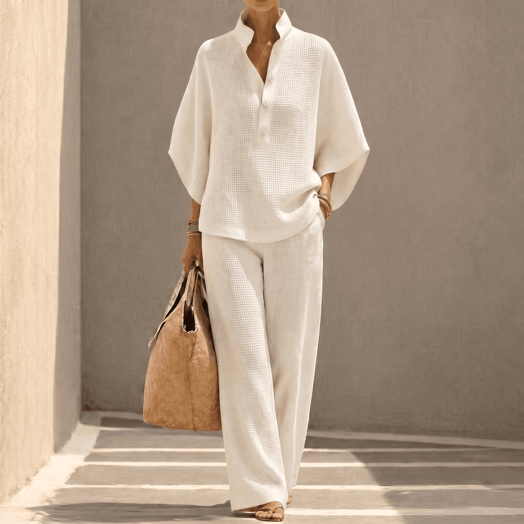Women's waffle knit two-piece set with stand collar and wide-leg trousers