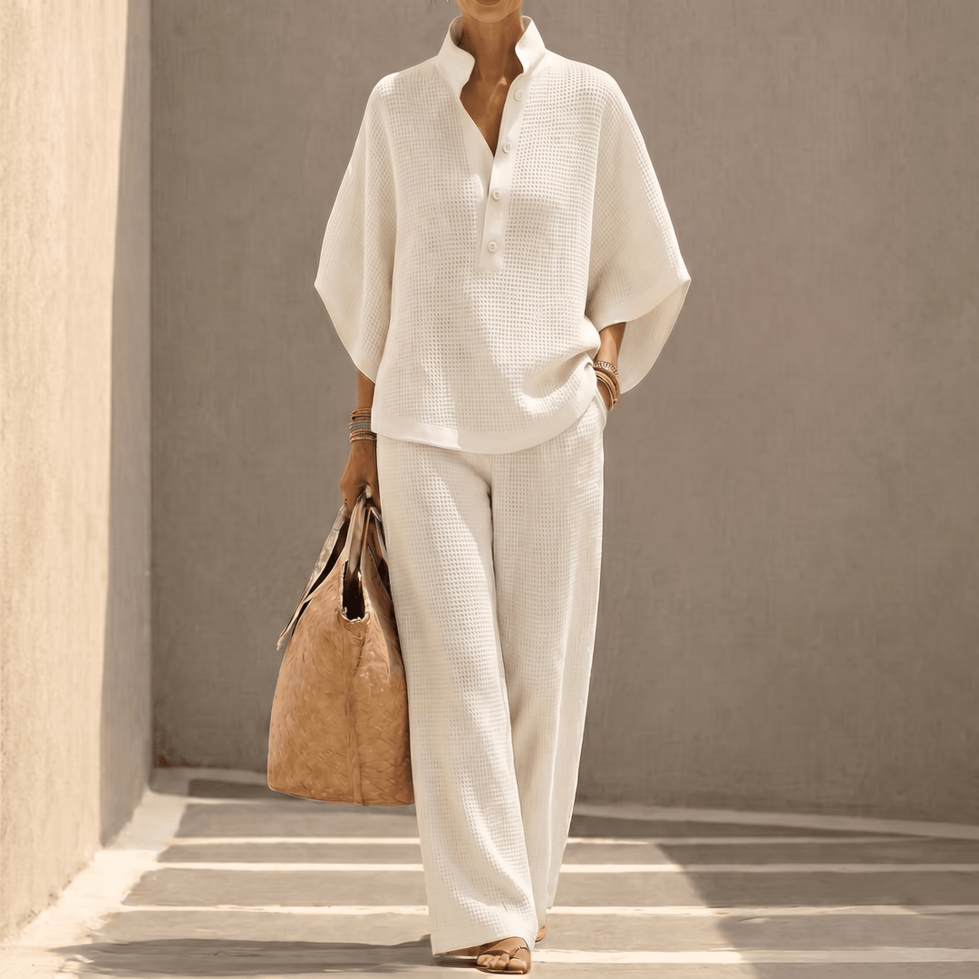 Women's waffle knit two-piece set with stand collar and wide-leg trousers