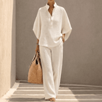 Women's waffle knit two-piece set with stand collar and wide-leg trousers