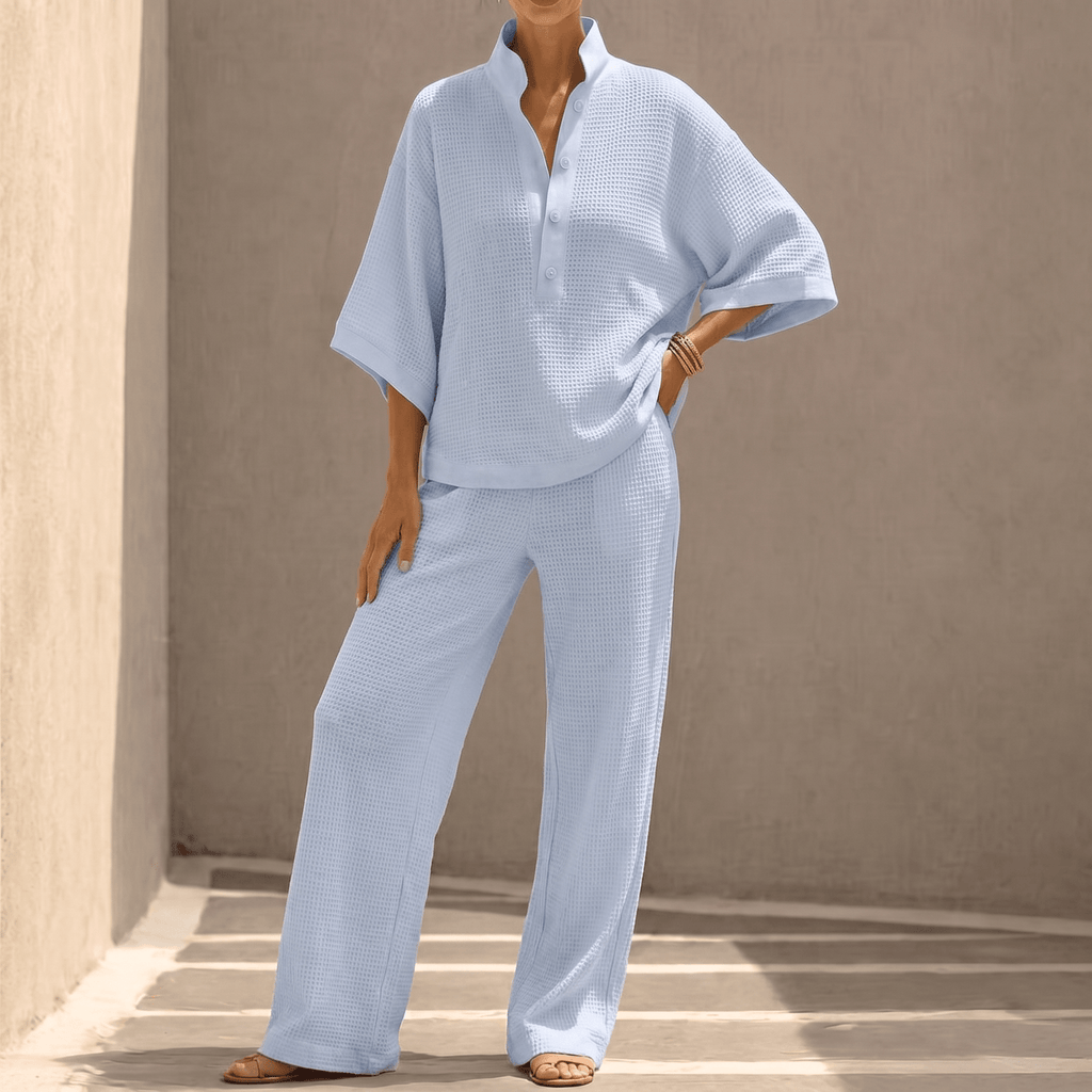 Women's waffle knit two-piece set with stand collar and wide-leg trousers