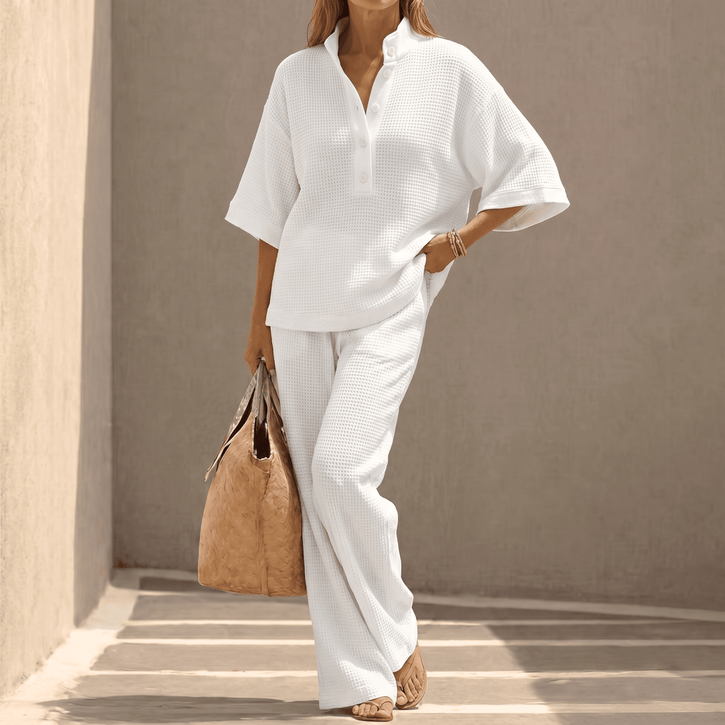 Women's waffle knit two-piece set with stand collar and wide-leg trousers