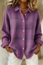 Women's checked button cardigan with shirt collar and long sleeves