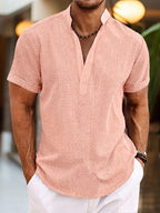 Men's short-sleeve textured Henley shirt with stand collar