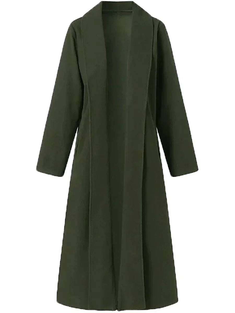 Women's long lapel trench coat shown in black and green
