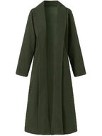 Women's long lapel trench coat shown in black and green