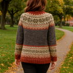 Women's Nordic pattern knit cardigan with round neck and button front