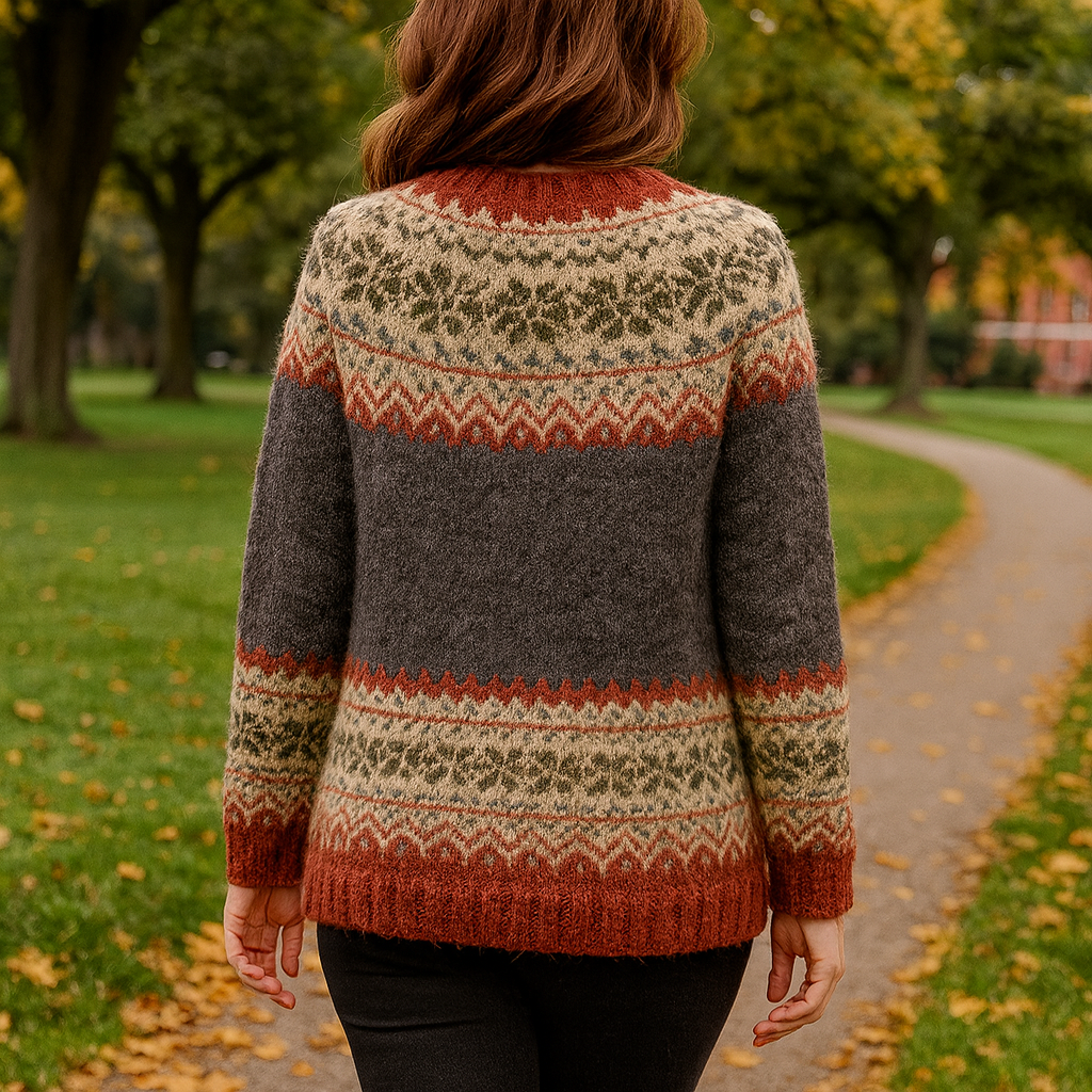 Women's Nordic pattern knit cardigan with round neck and button front