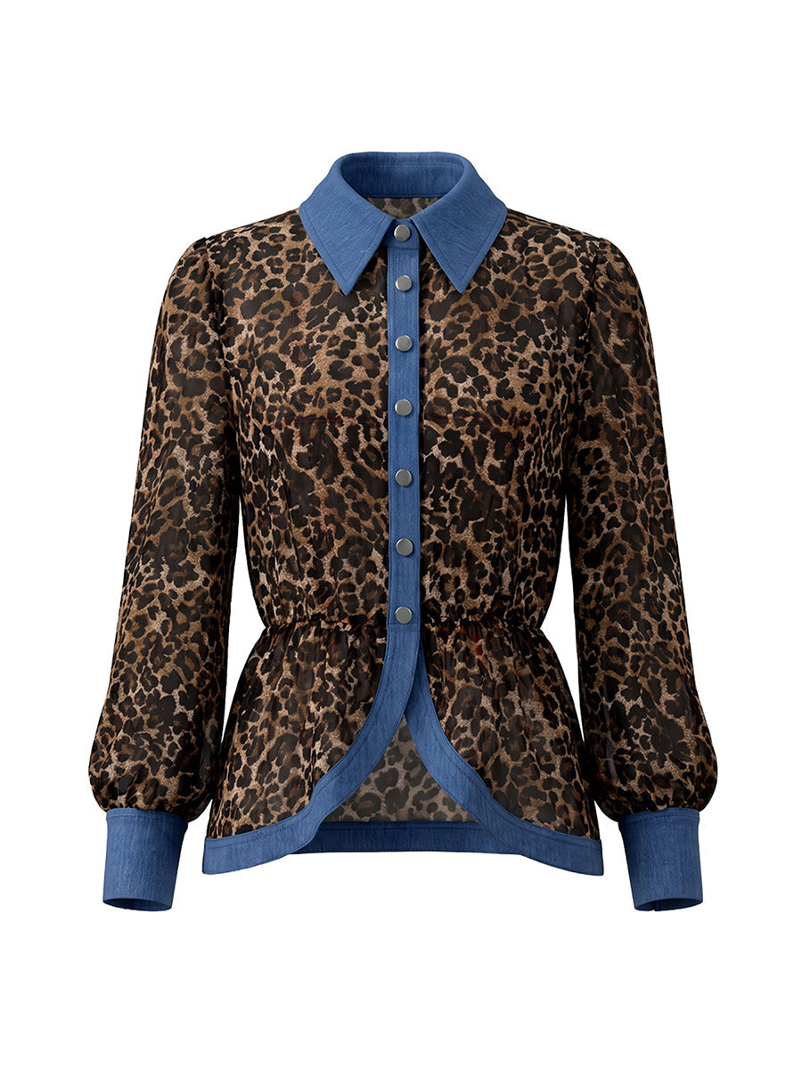 Women's leopard print blouse with blue contrast trim and long sleeves