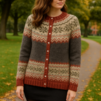 Women's Nordic pattern knit cardigan with round neck and button front
