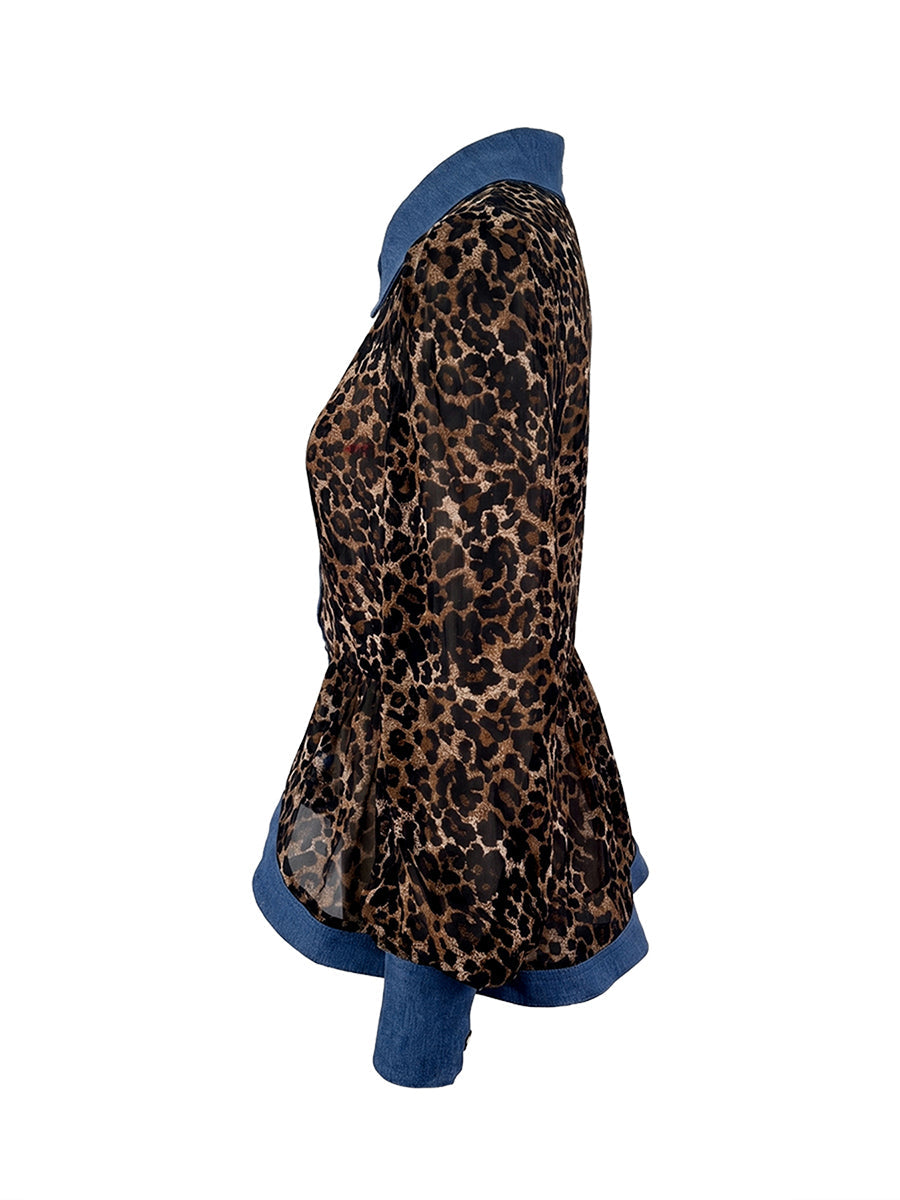Women's leopard print blouse with blue contrast trim and long sleeves