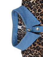 Women's leopard print blouse with blue contrast trim and long sleeves