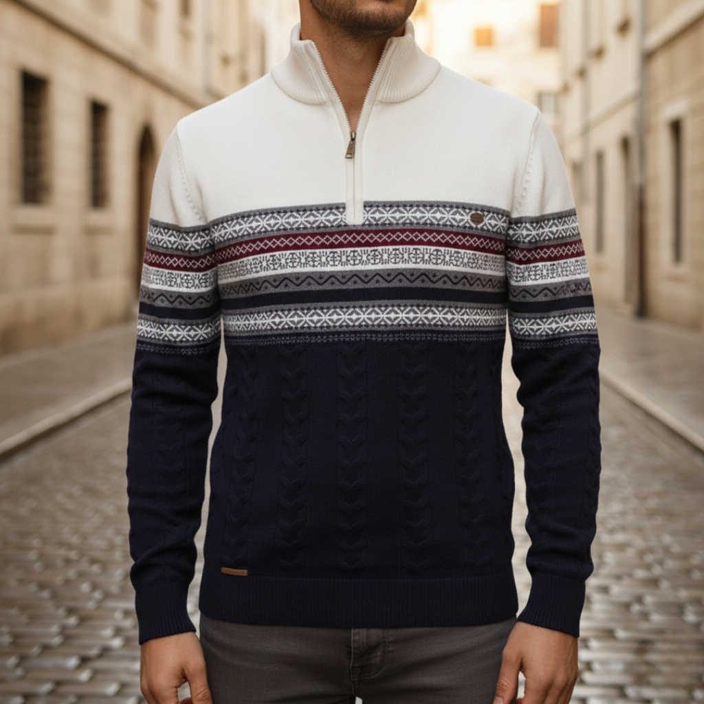 Men's patterned half-zip sweater with ribbed collar