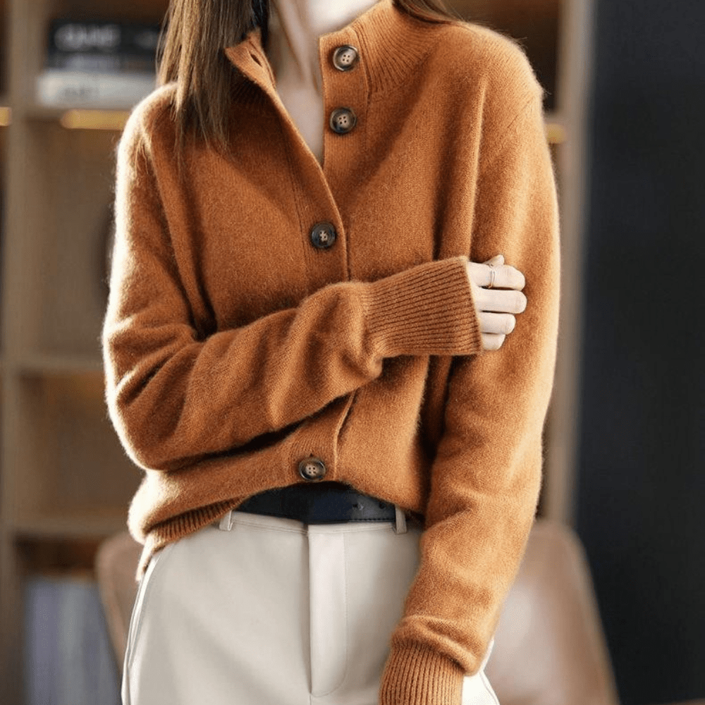 Women's collared knit cardigan with button front