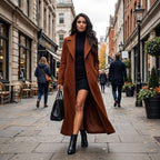 Women's long double-breasted coat with lapel collar, belt and side pockets