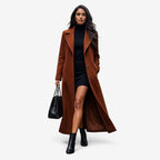 Women's long double-breasted coat with lapel collar, belt and side pockets