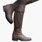 Women's tall riding boots with buckle straps, panelled shafts and flat textured soles